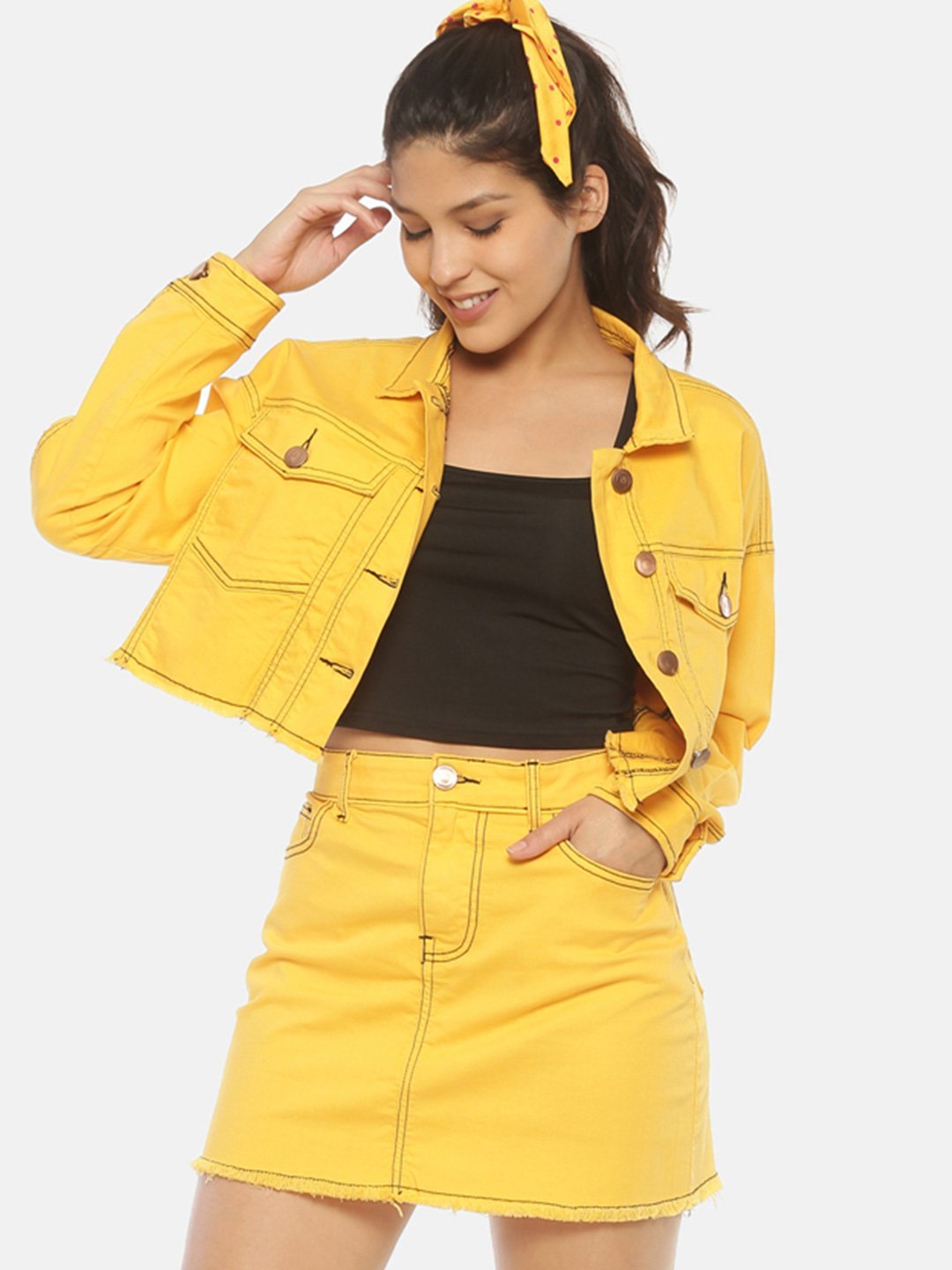 Yellow denim sale skirt and jacket