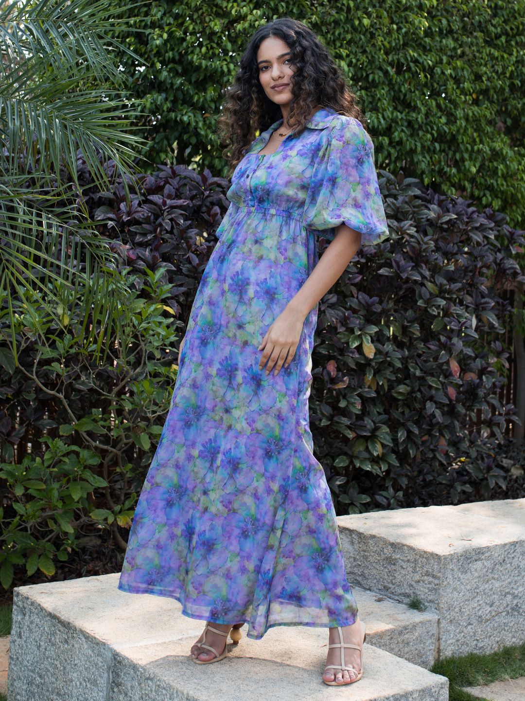 IS.U Floral Lavender Shirt Collared Maxi Dress