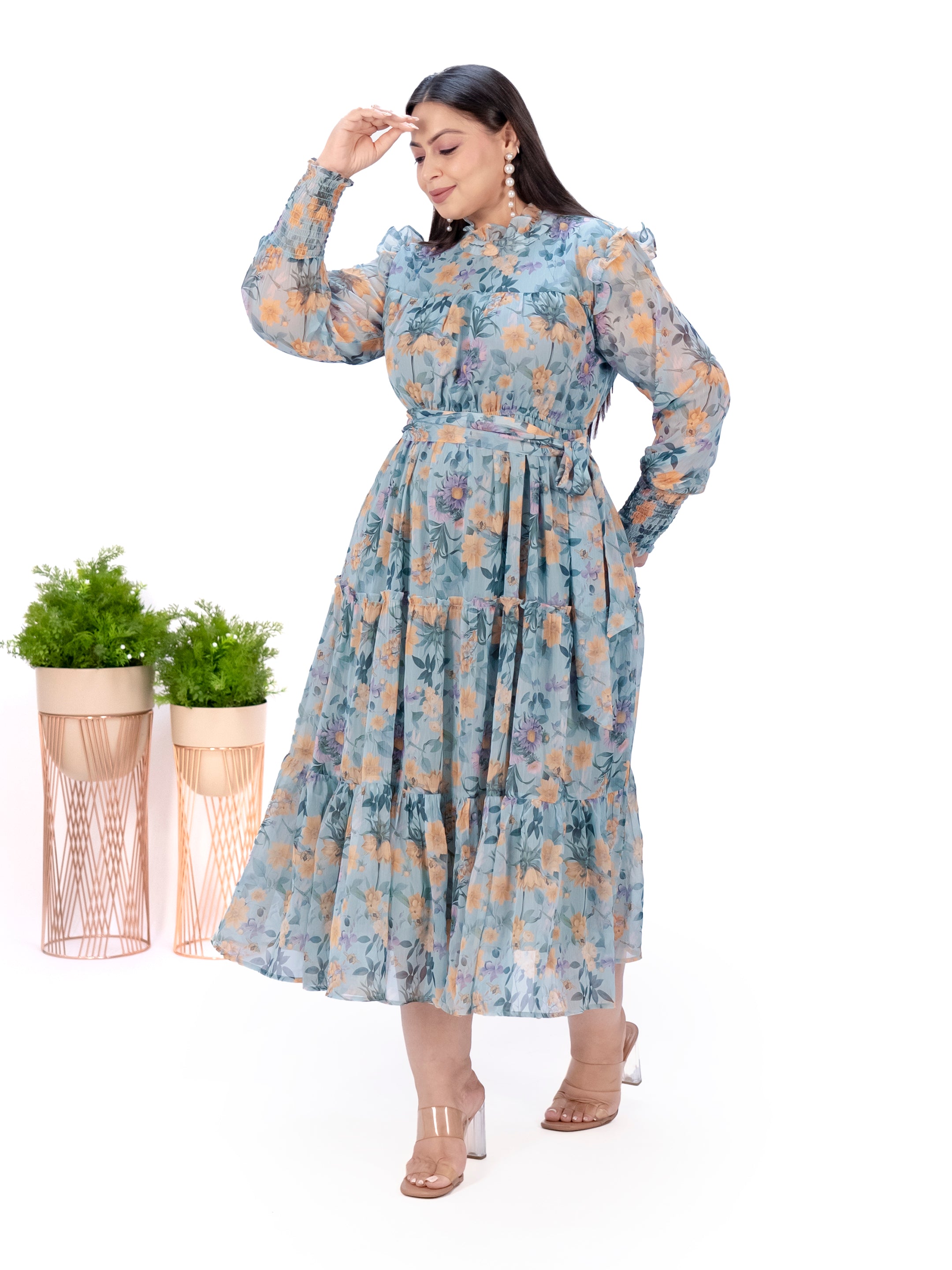IS.U Green Floral Tiered Midaxi Dress
