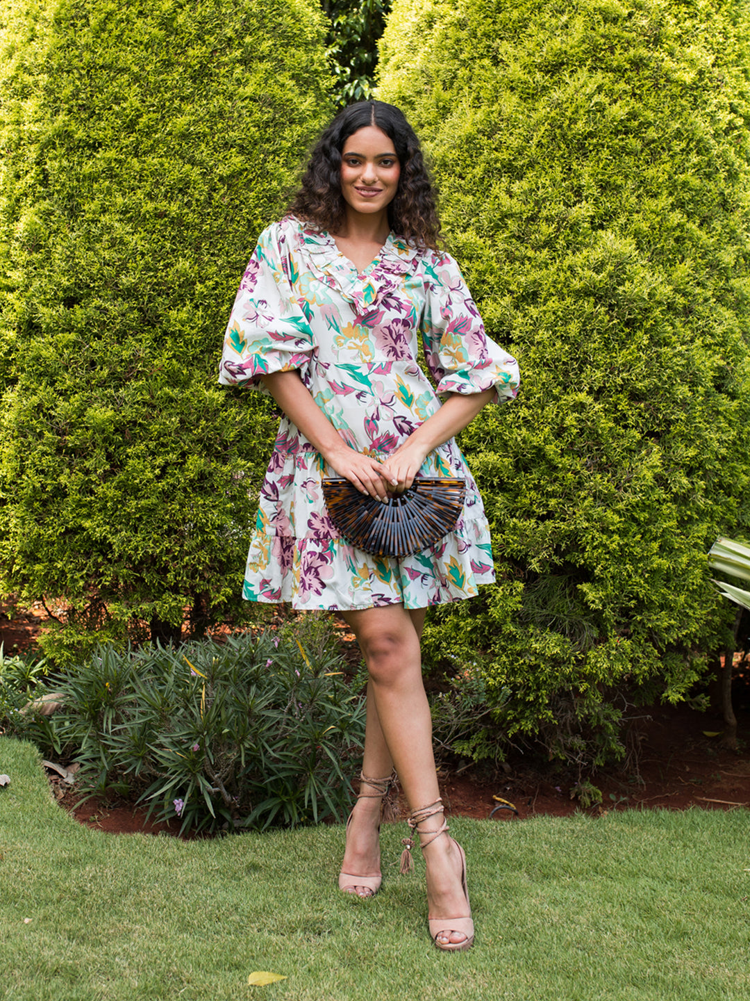 Buy Multicolor Printed Floral Poly Poplin Fabric | Puff Sleeve Mini Dress Online In India