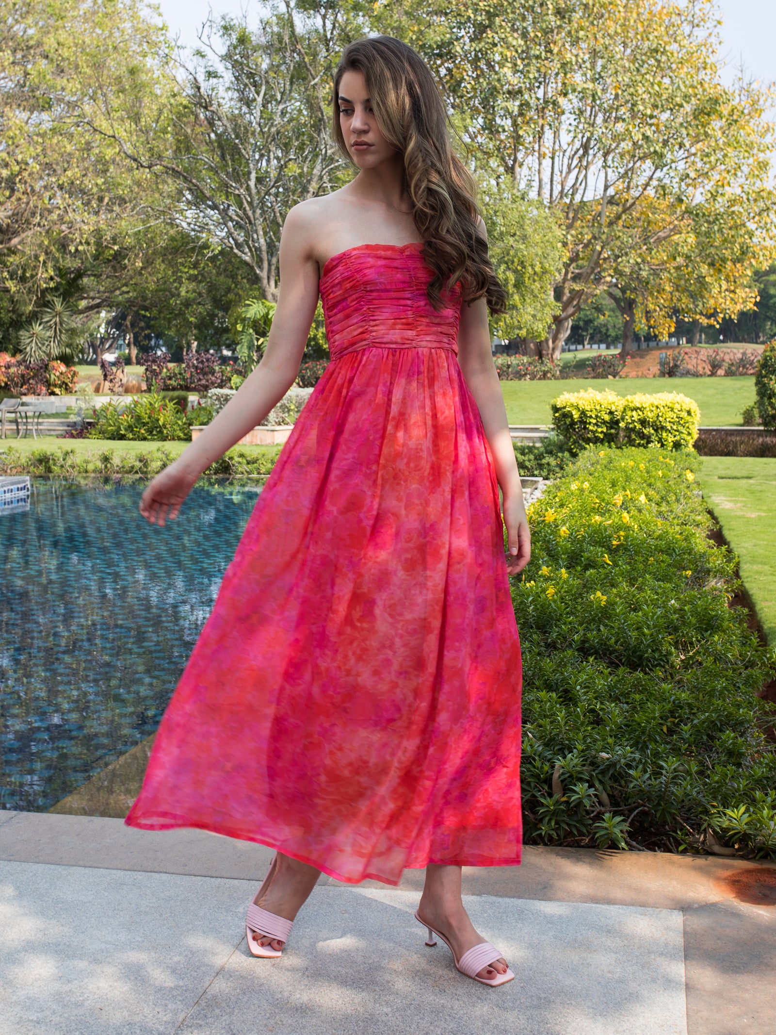 Buy Pink Printed Floral Chiffon Fabric | Front Gathered Maxi Dress Online In India