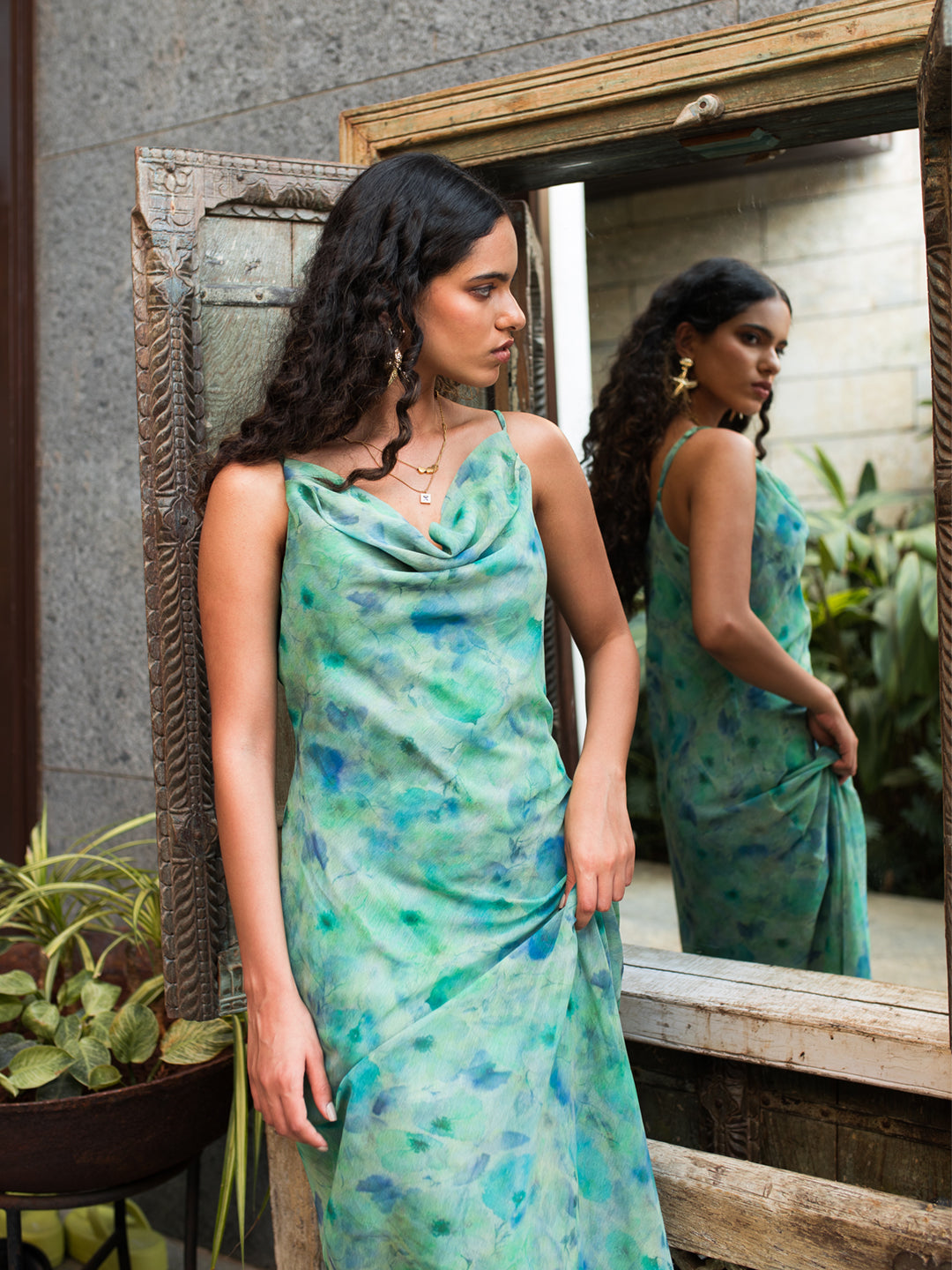 Buy Green Printed Floral Chiffon Fabric | Cowl Neck Slip Dress Online In India