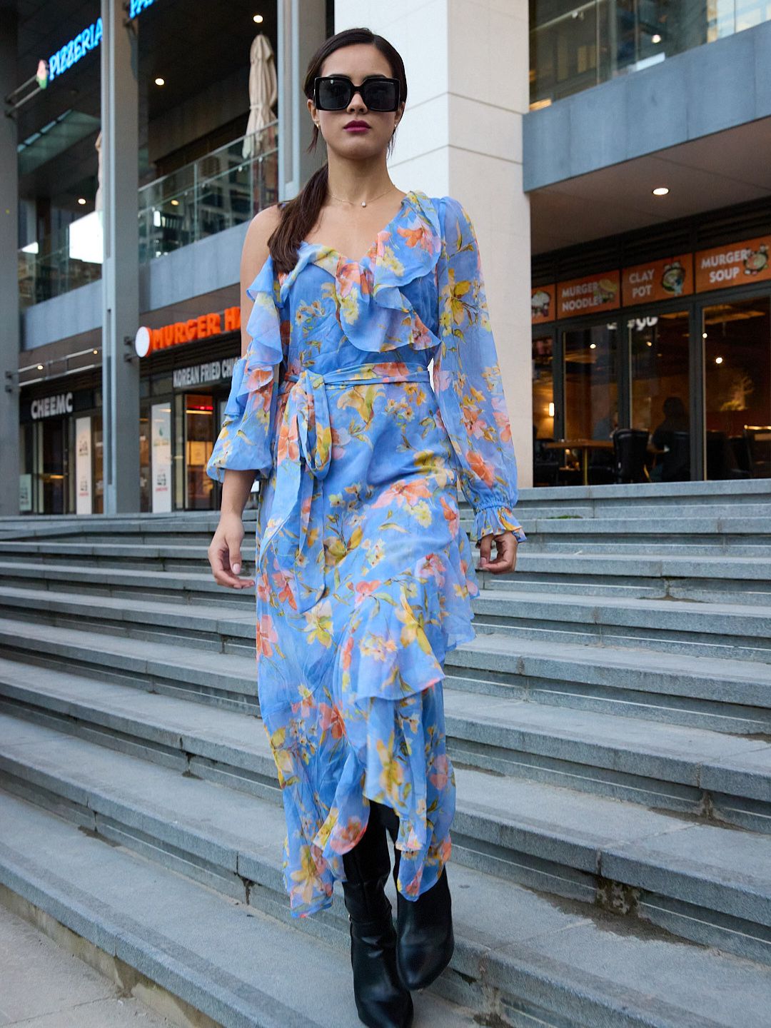 IS.U Floral Blue Ruffle Wrap Dress