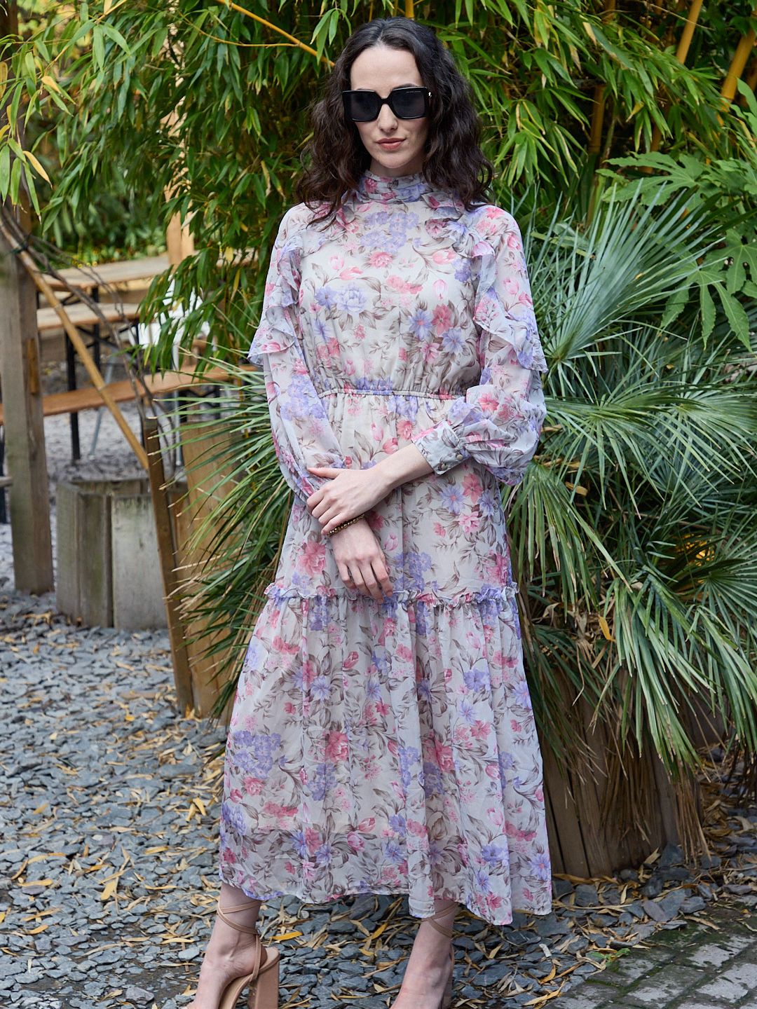 IS.U Floral Multicolored Ruffled Blouson Sleeve Dress