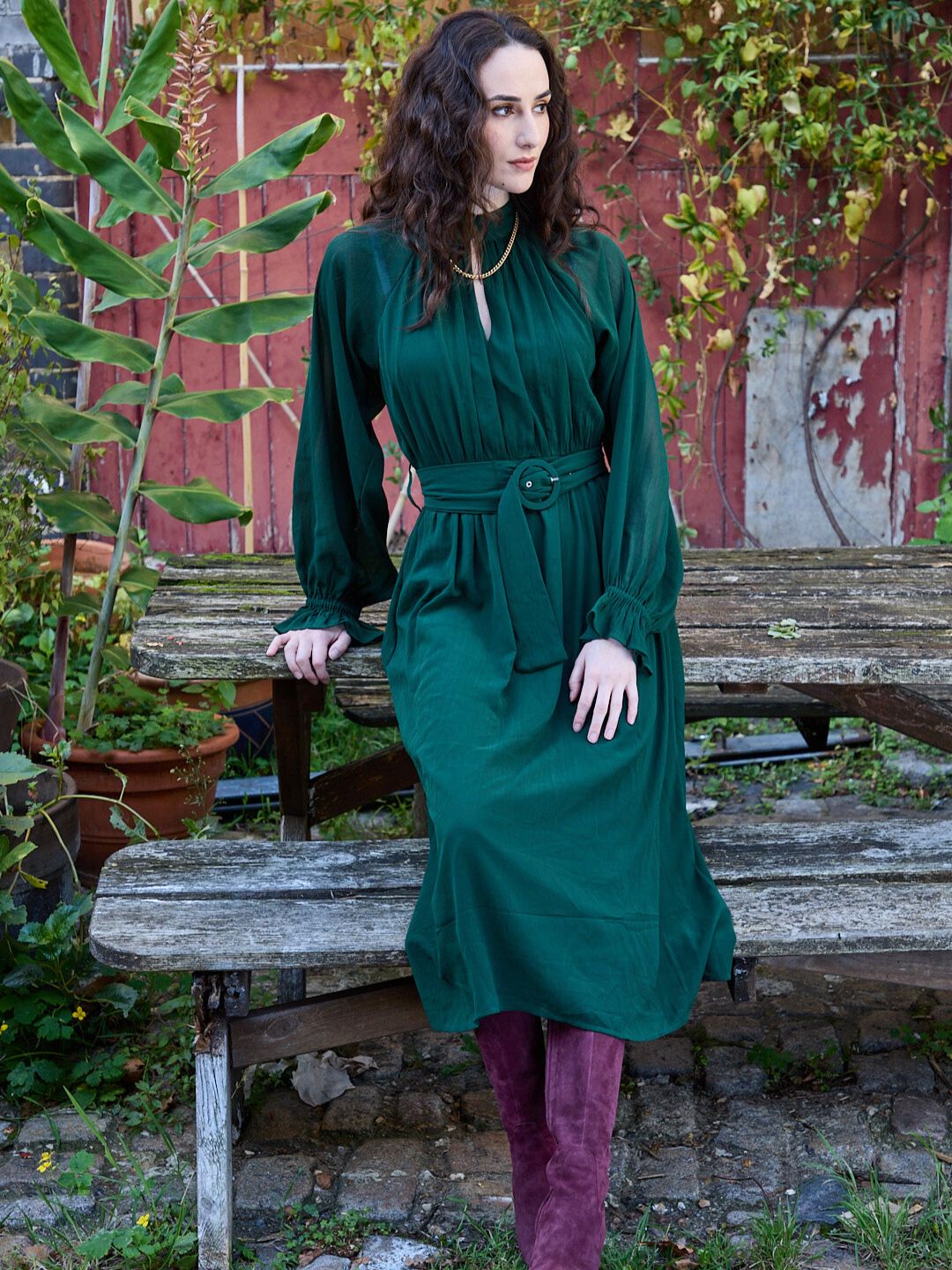 IS.U Green Belted Blouson Sleeve Dress