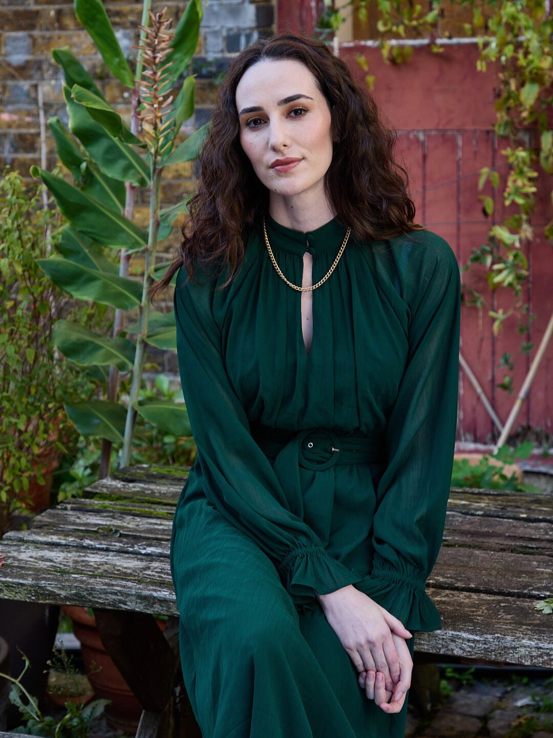 IS.U Green Belted Blouson Sleeve Dress