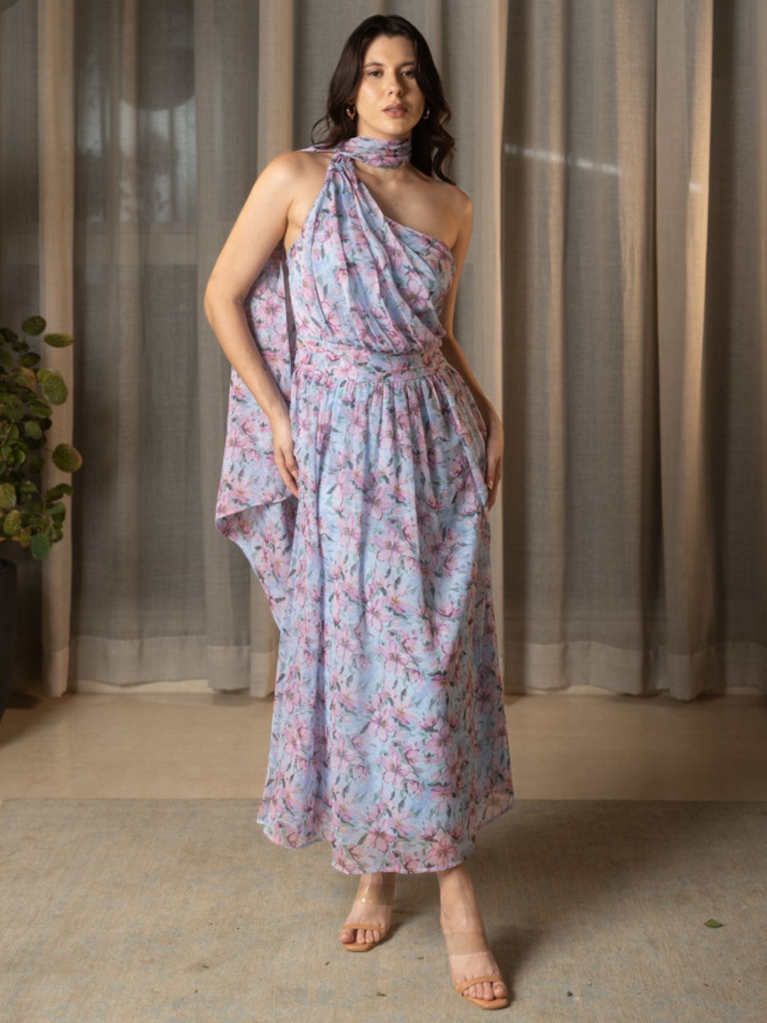 IS.U Floral Blue One Shoulder Maxi Dress