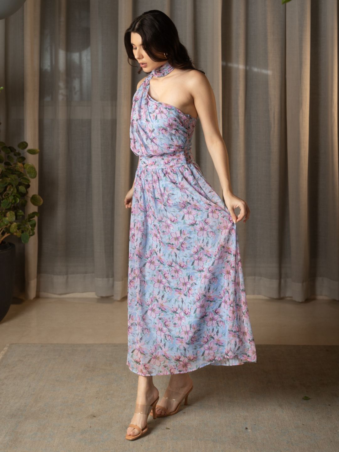 IS.U Floral Blue One Shoulder Maxi Dress