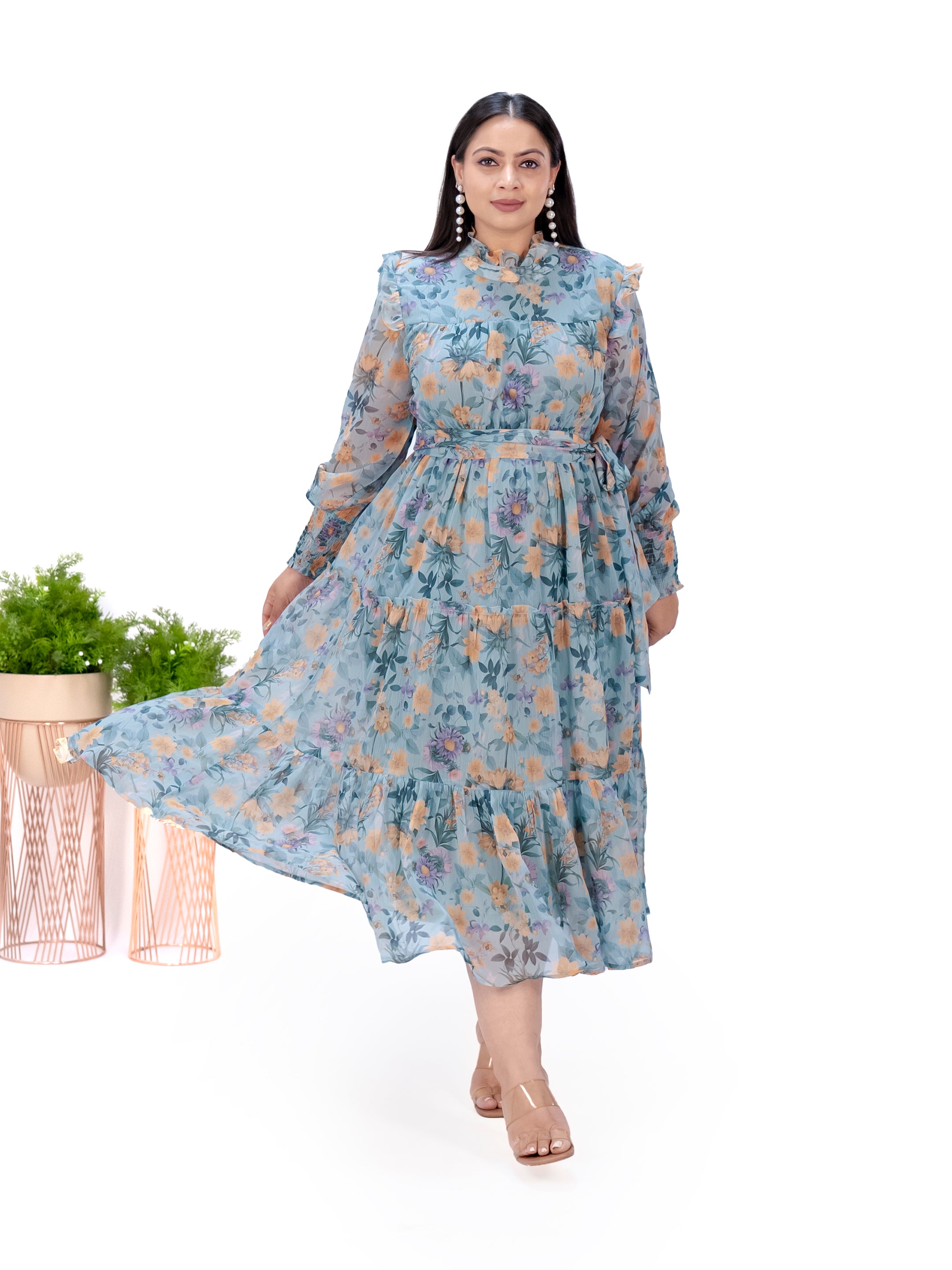 IS.U Green Floral Tiered Midaxi Dress