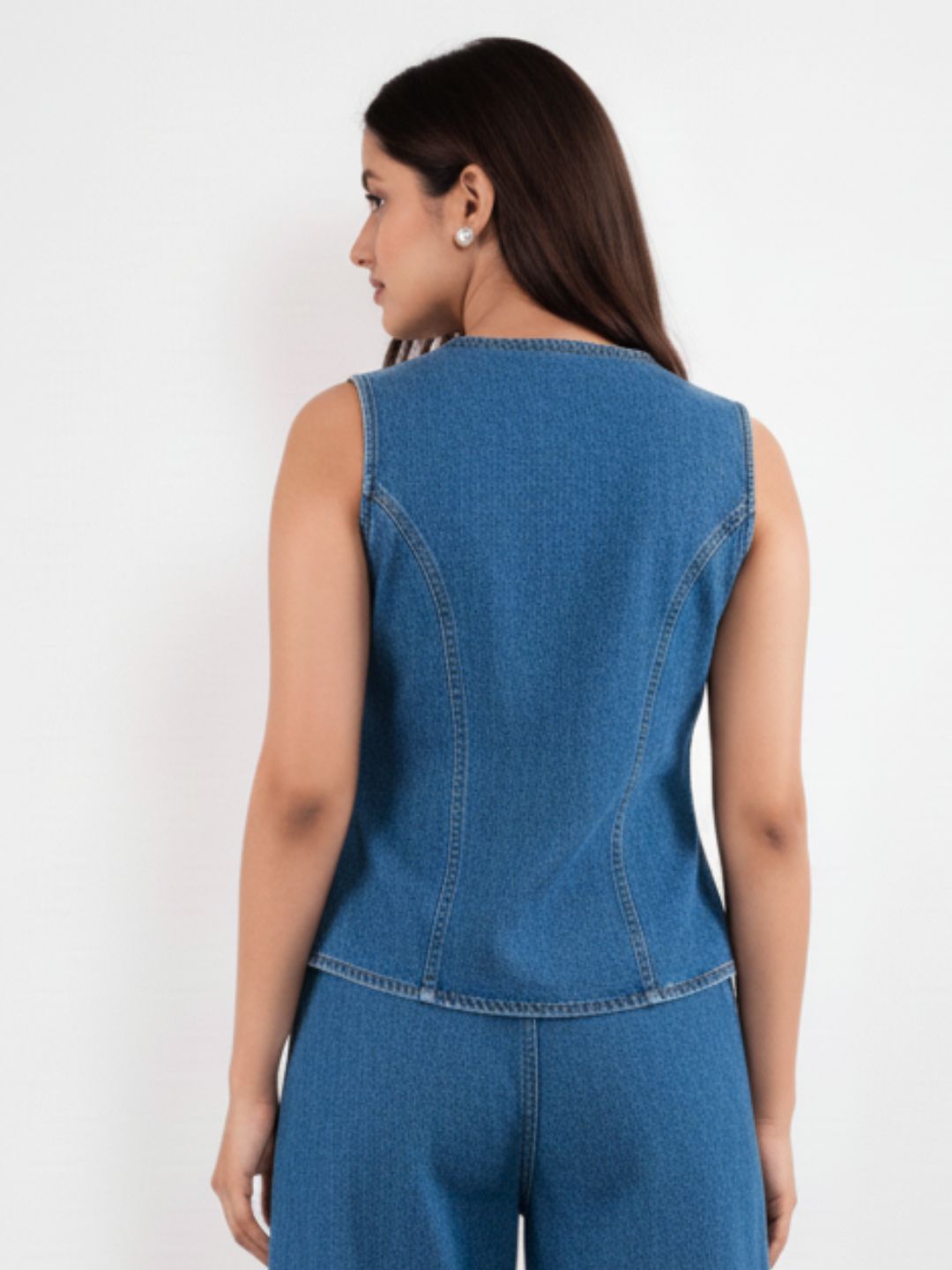 IS.U Medium Blue Structured Denim Waistcoat