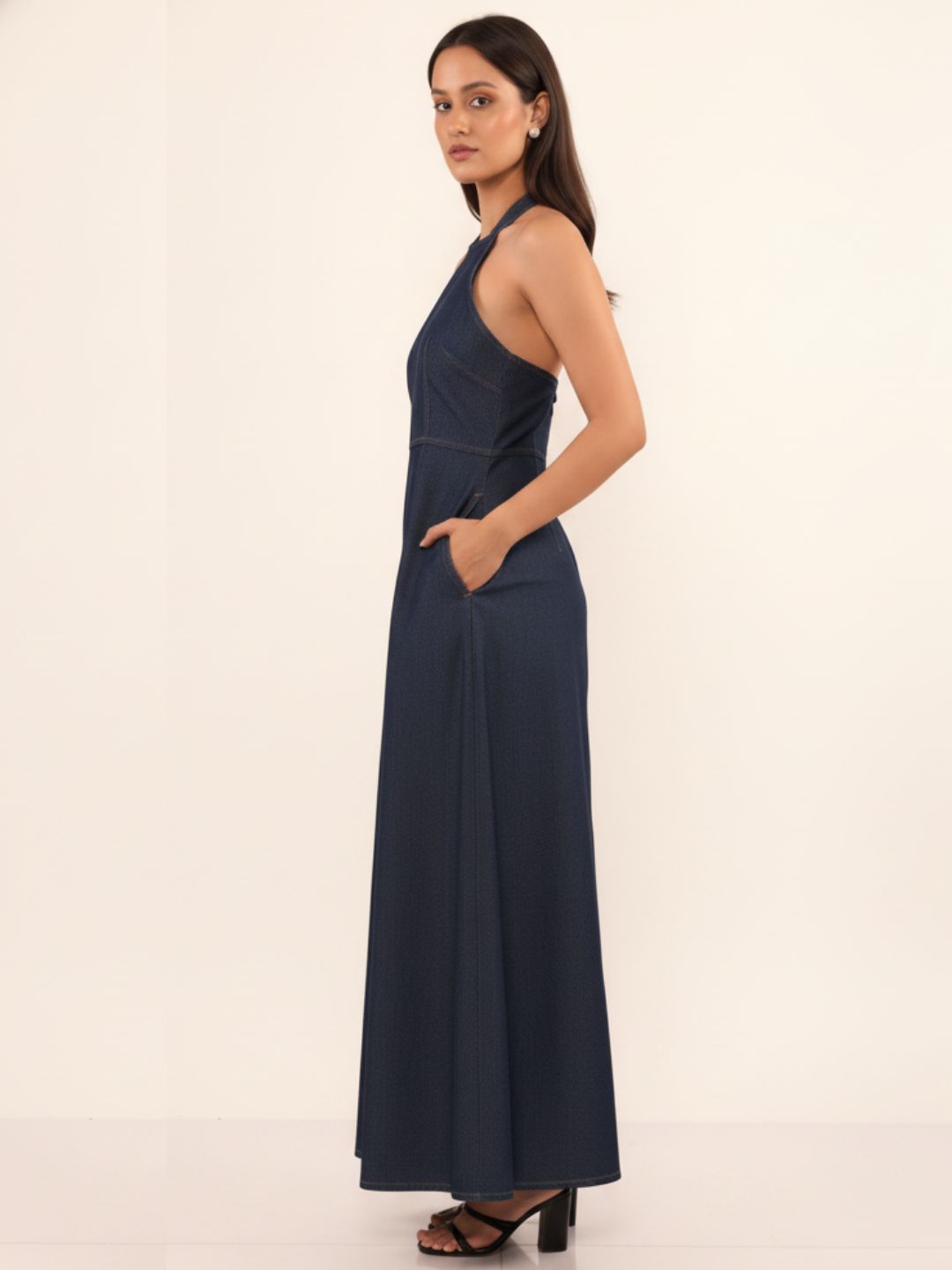 Buy Dark Blue Denim Halter Dress Online