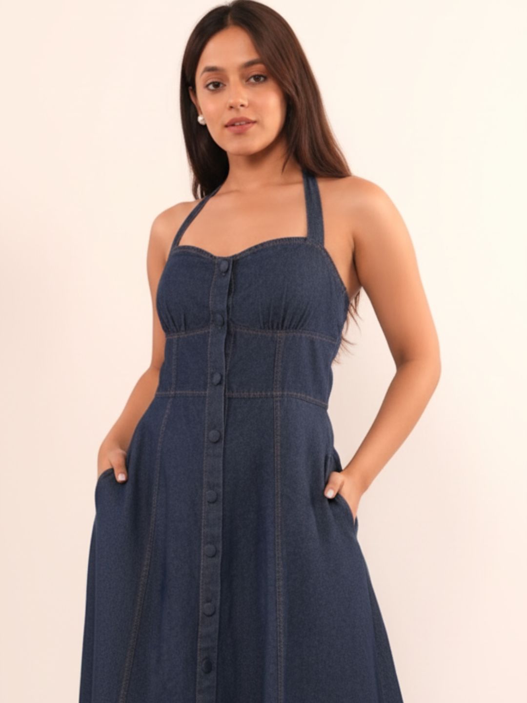 IS.U Dark Blue Denim Halter Dress