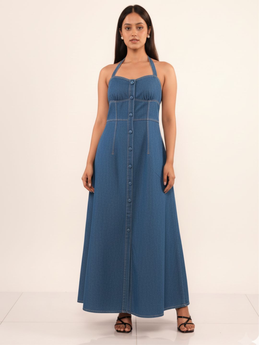 IS.U Medium Blue Denim Halter Dress