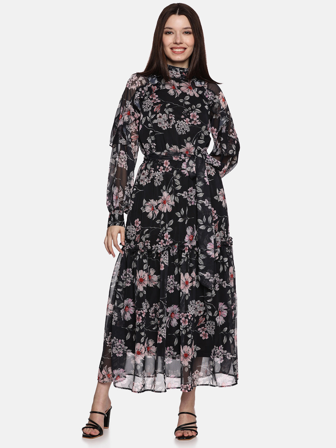 IS.U Floral Black Ruffled Blouson Sleeve Dress