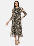 IS.U Floral Black Ruched Sleeve Midaxi Dress