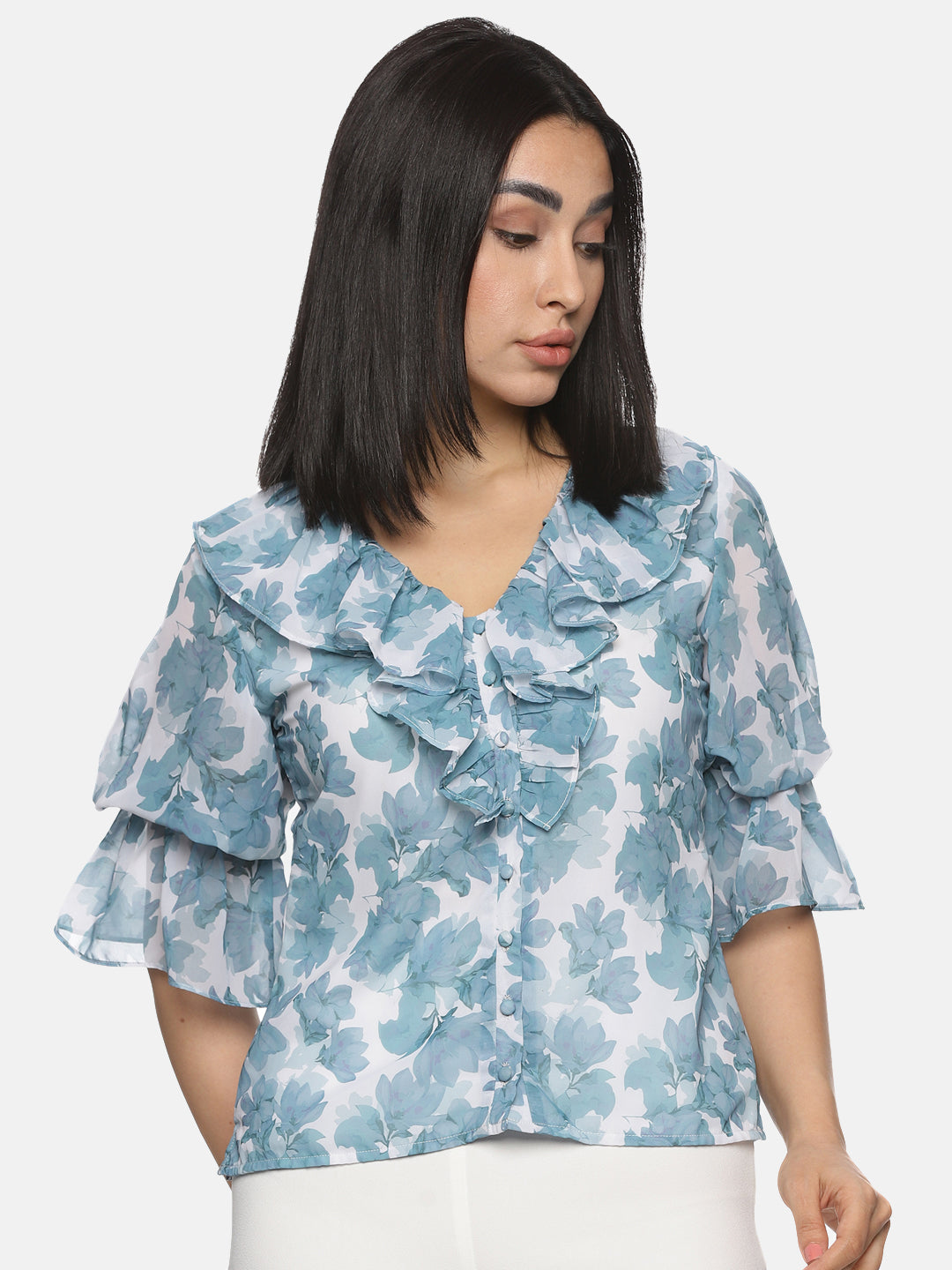 IS.U Floral Grey Front Ruffle Top