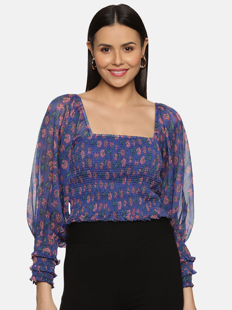 IS.U Floral Blue Smocked Crop Top