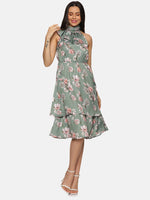 Load image into Gallery viewer, IS.U Floral Olive Halter Tie Neck Midi Dress