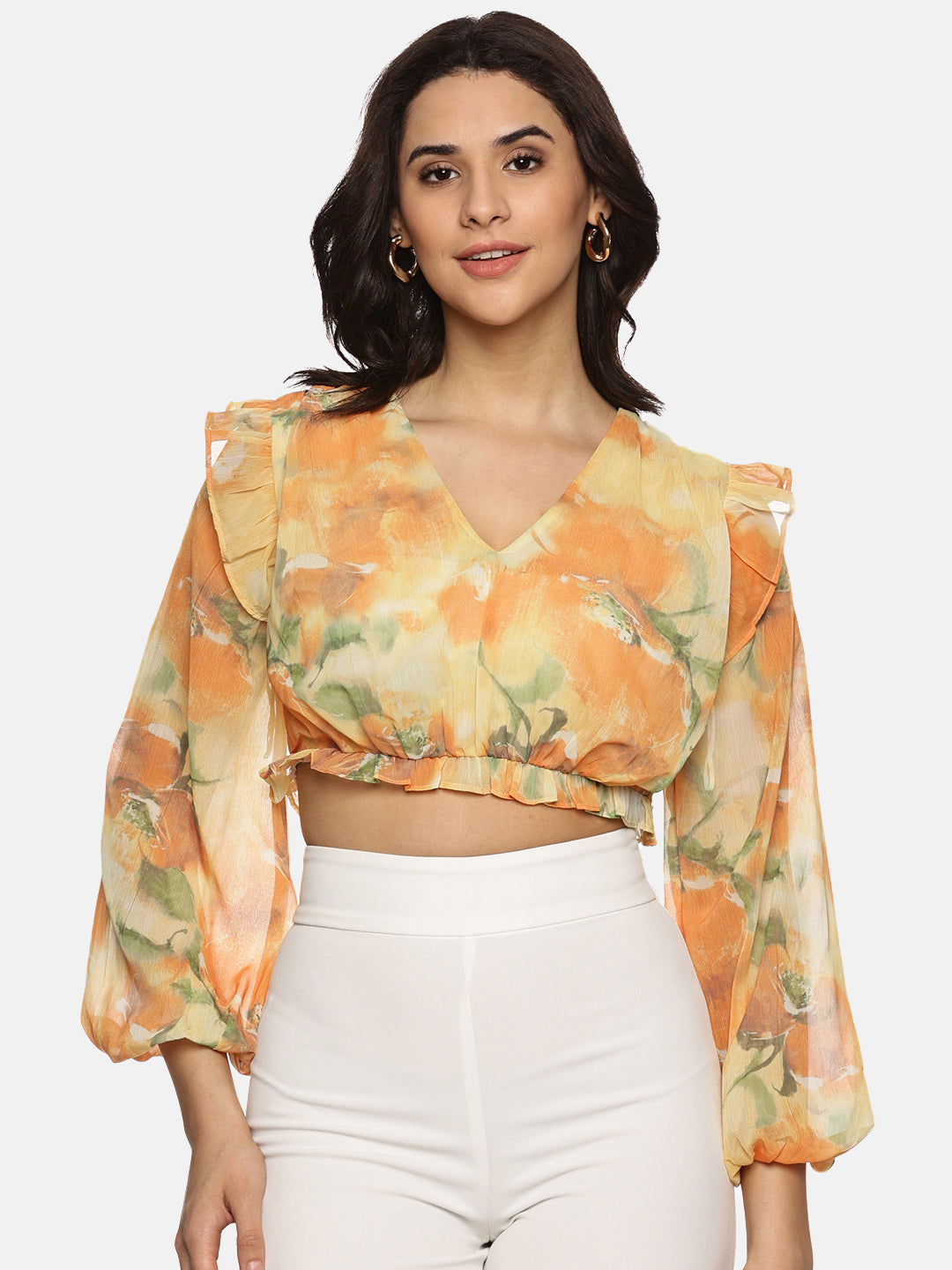IS.U Floral Yellow Front Gathered Crop Top