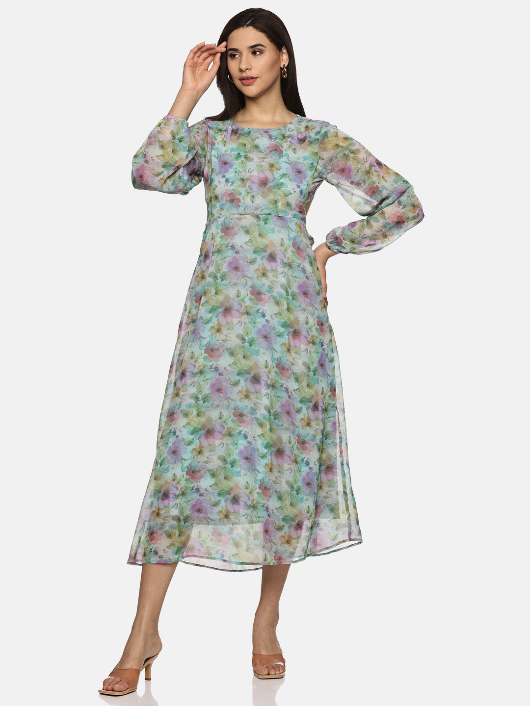 Buy Multicolor Printed Floral Chiffon Fabric | Cut Out Midaxi Dress Online In India