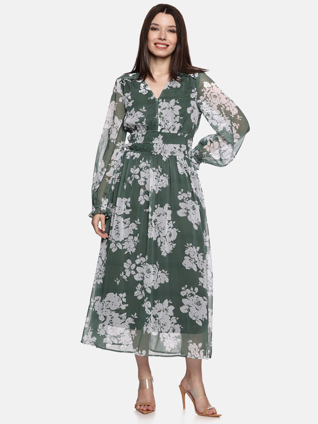 IS.U Floral Green Blouson Sleeve Maxi Dress