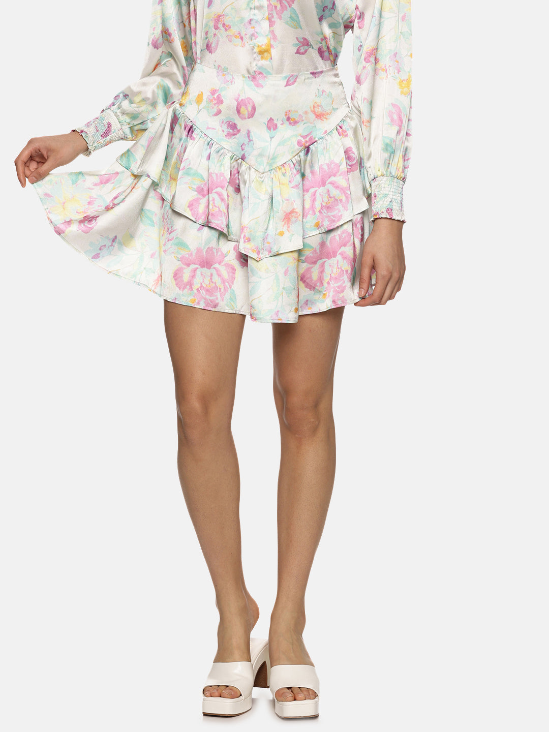 IS.U Floral White Ruffle Mini Skirt
