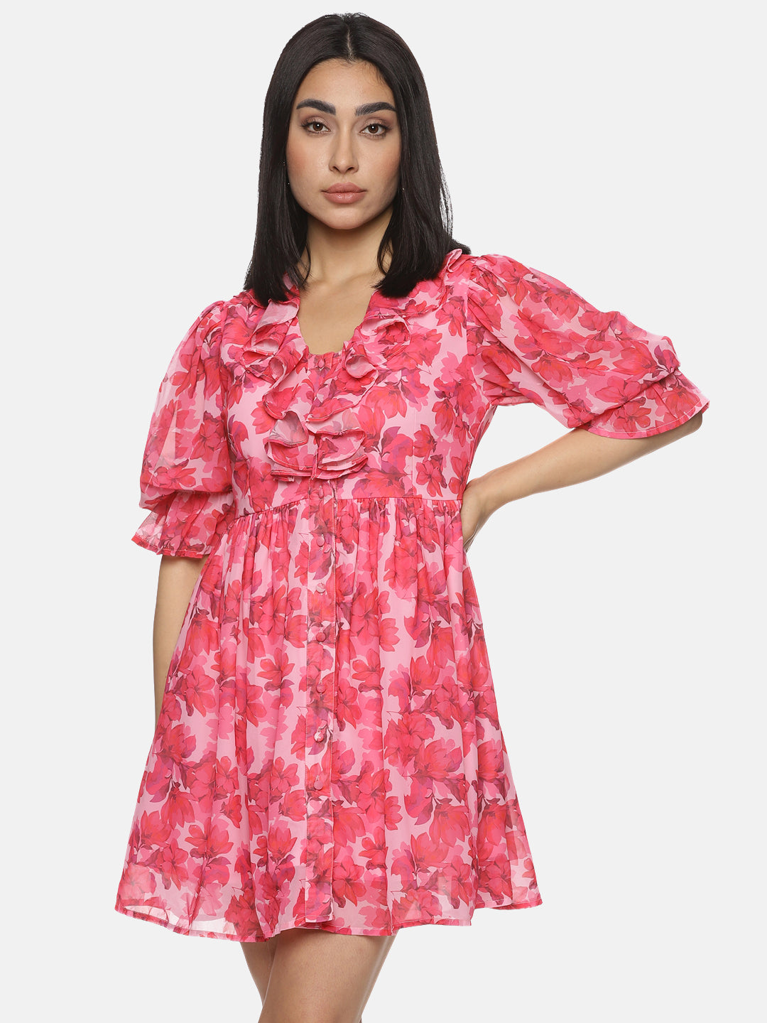 IS.U Floral Pink Button Down Mini Dress