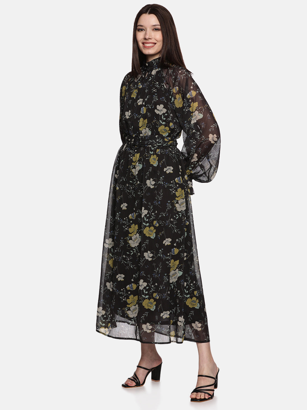 IS.U Floral Black Belted Blouson Sleeve Dress