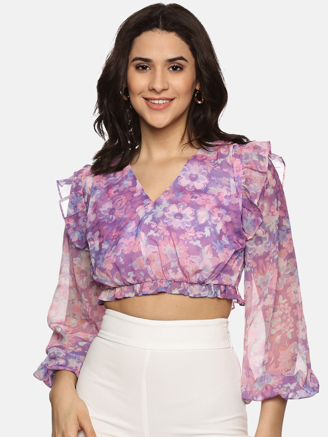 IS.U Floral Purple Front Gathered Crop Top