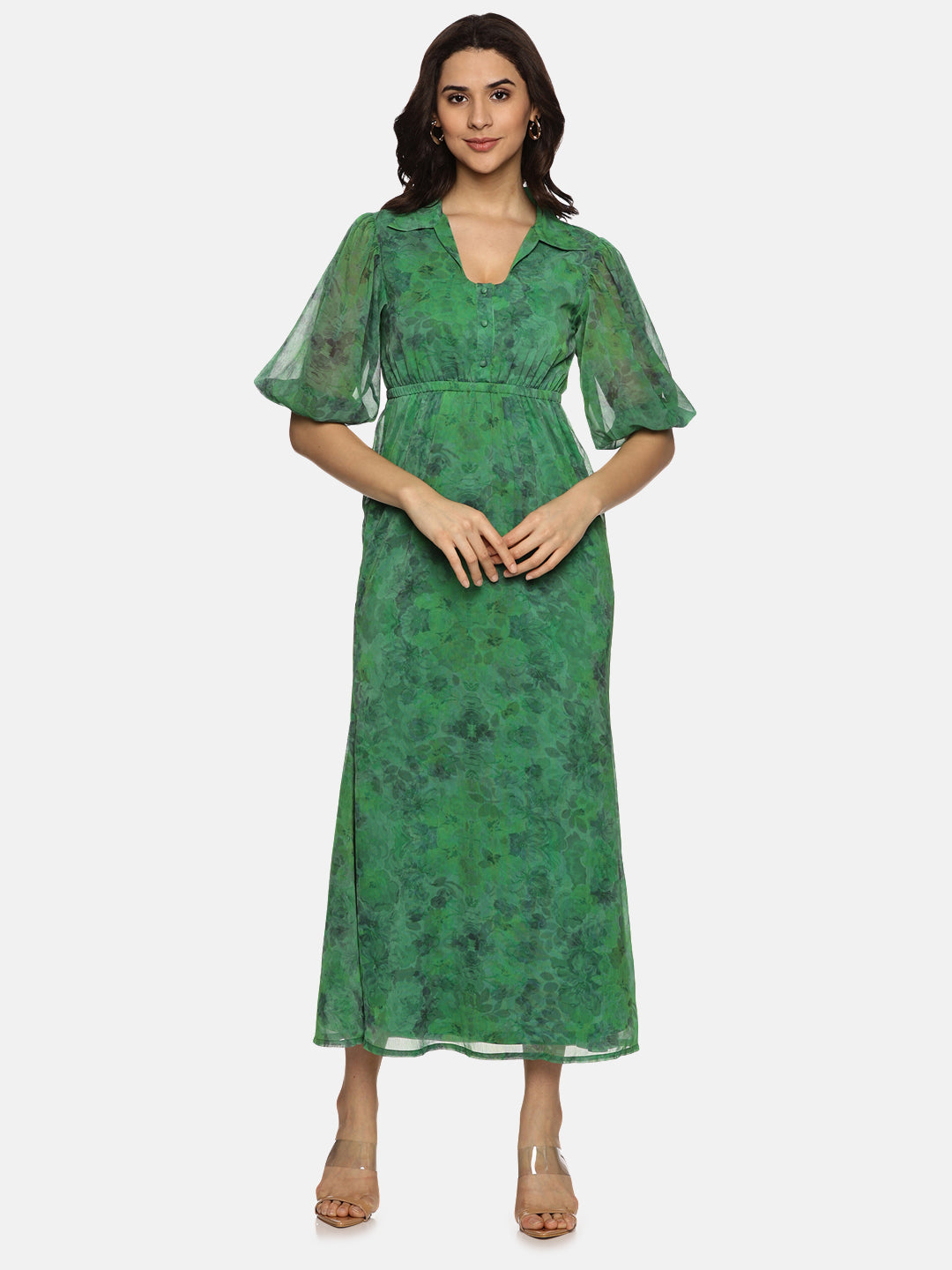 Buy Green Printed Floral Chiffon Fabric | Shirt Collared Maxi Dress Online In India