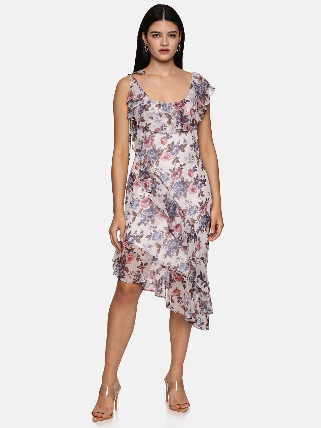 IS.U Printed Ruffled Strap Midi Dress