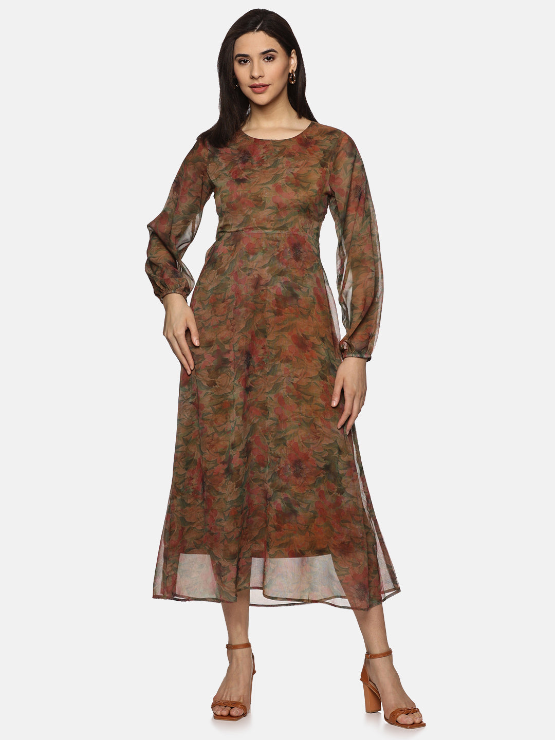 Buy Brown Printed Floral Chiffon Fabric | Cut Out Midaxi Dress Online In India