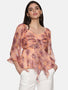 IS.U Floral Peach Front Tie Knot Peplum Top