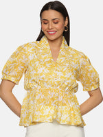 Load image into Gallery viewer, IS.U Floral Yellow Collared Peplum Top
