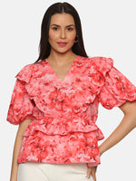 Load image into Gallery viewer, IS.U Floral Coral Ruffle Detail Peplum Top