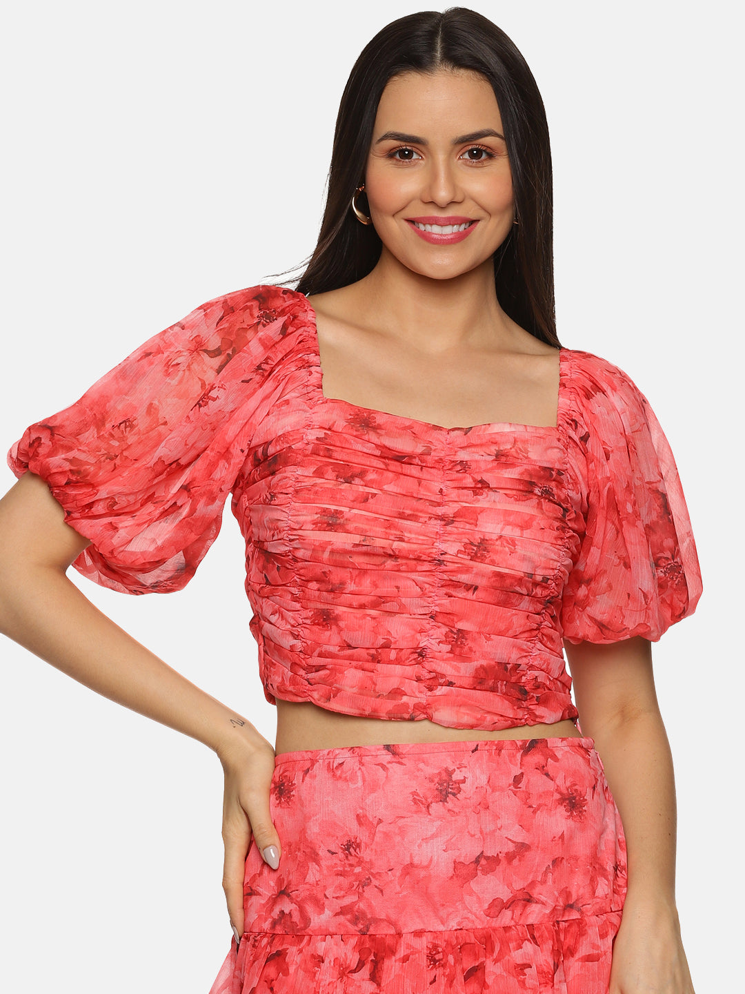 IS.U Floral Coral Ruching Detail Co-ord Set
