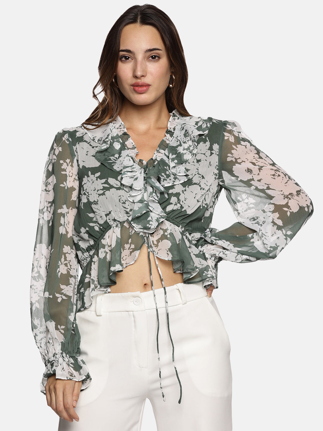 IS.U Floral Green V-Neck Blouson Sleeve Top