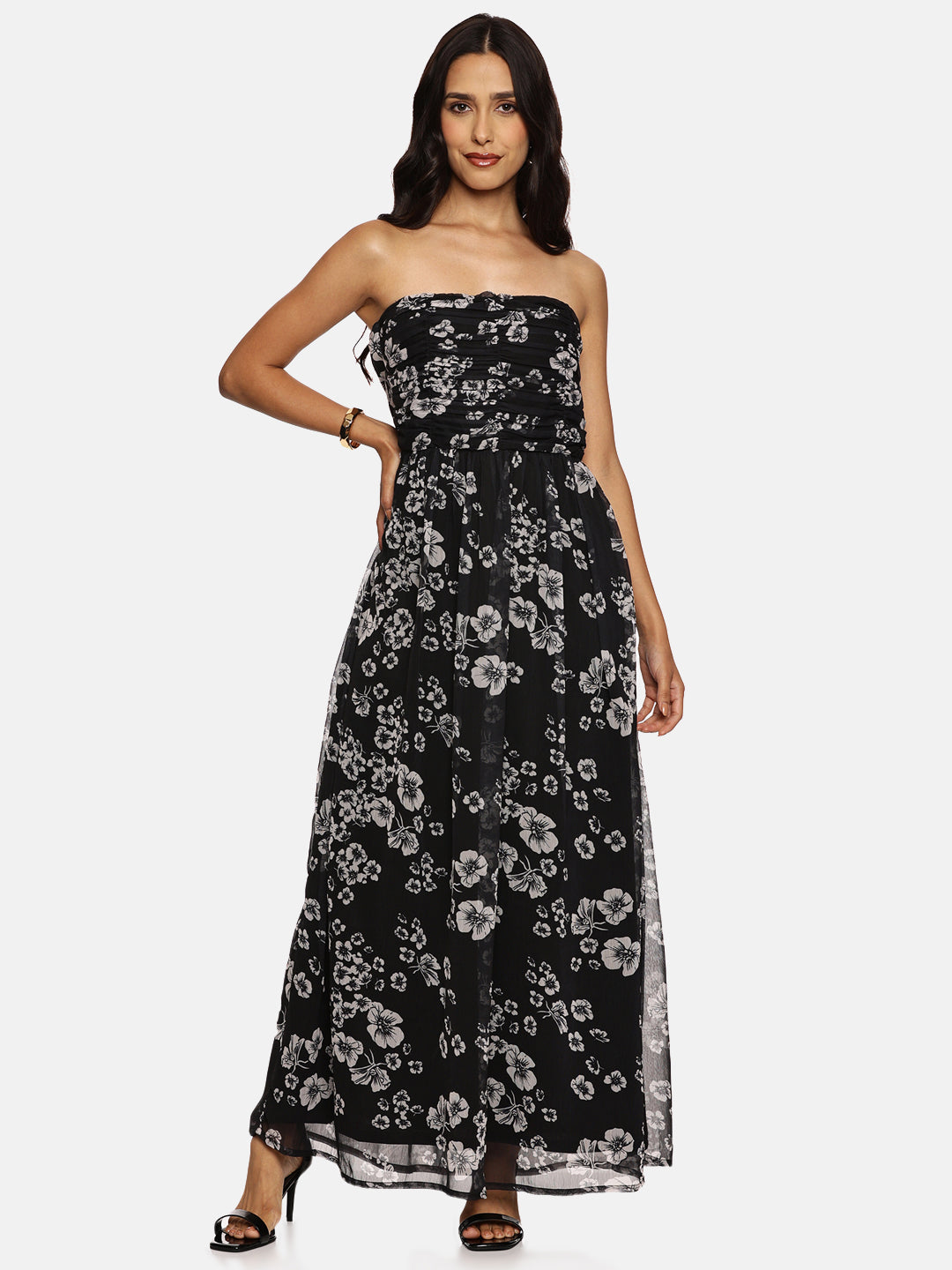 IS.U Floral Black Front Gathered Maxi Dress