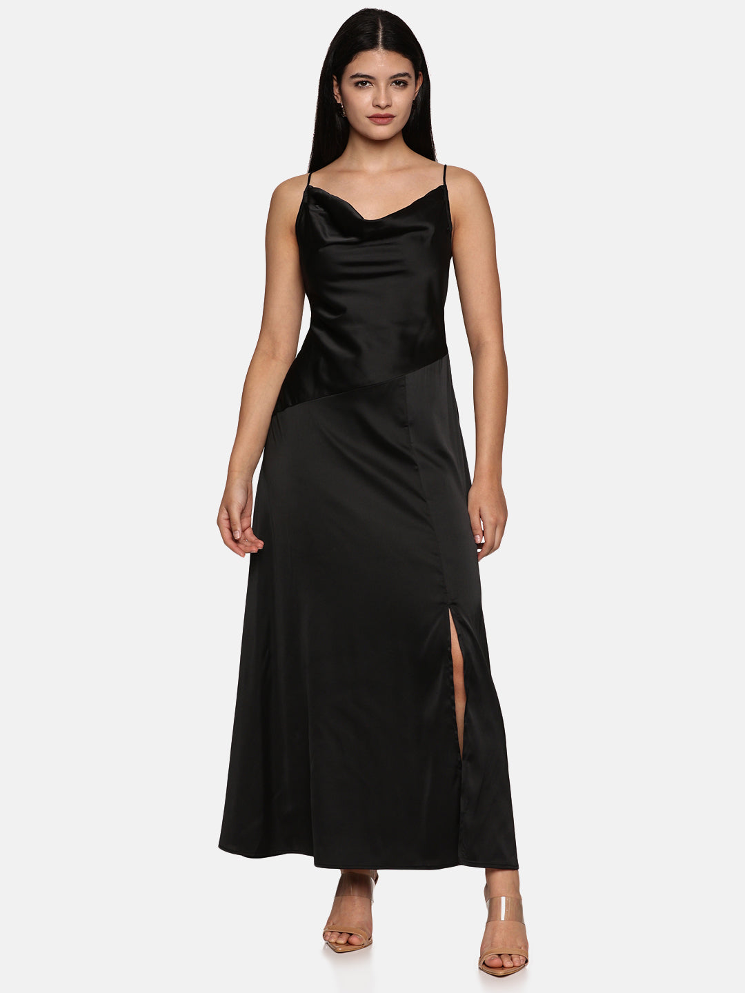 IS.U  Black Front Slit Maxi Dress