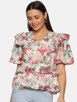 Load image into Gallery viewer, IS.U Floral Multicolor Ruffle Detail Peplum Top
