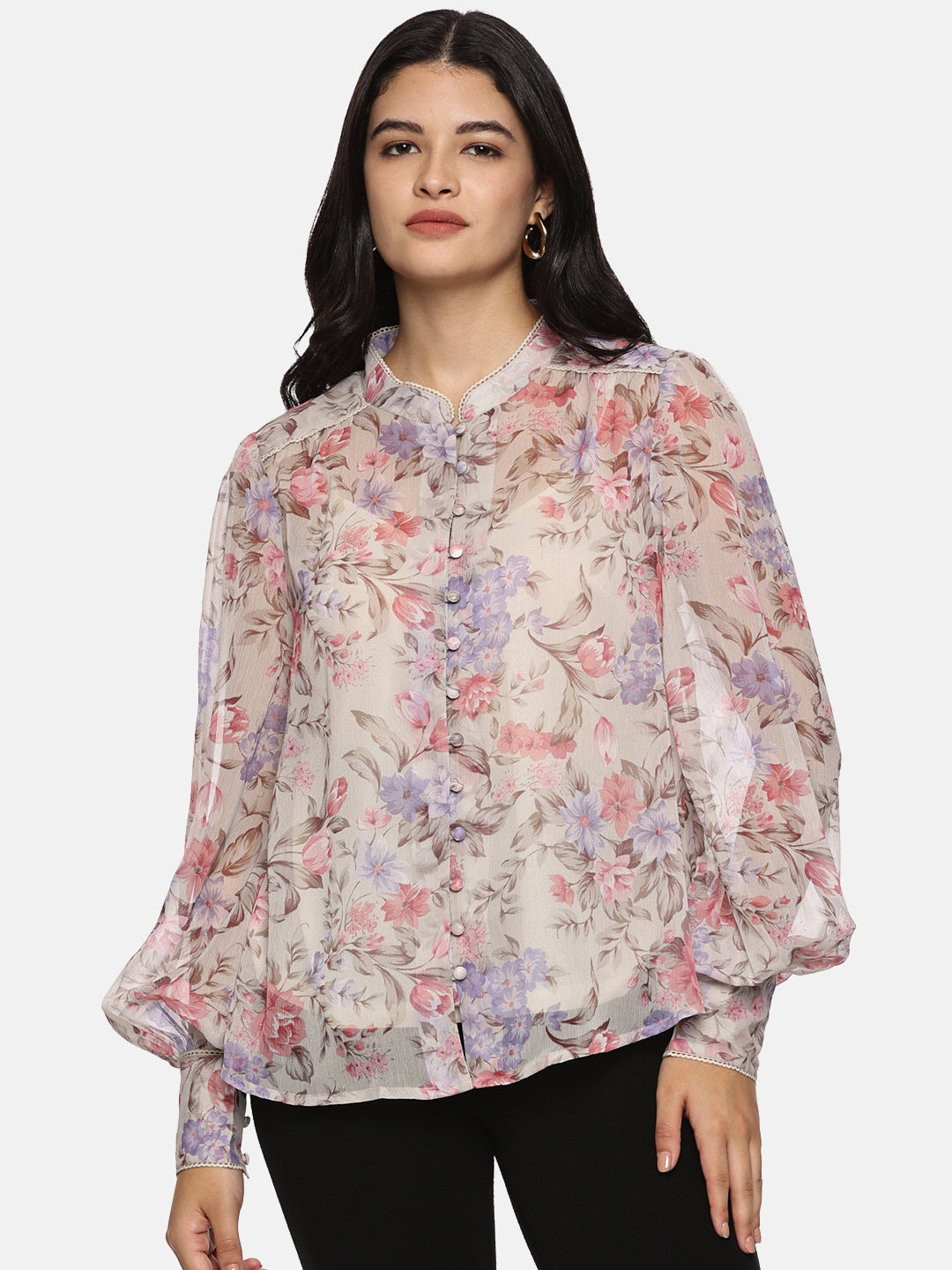 IS.U Floral Beige Cuffed Sleeve Lace Top