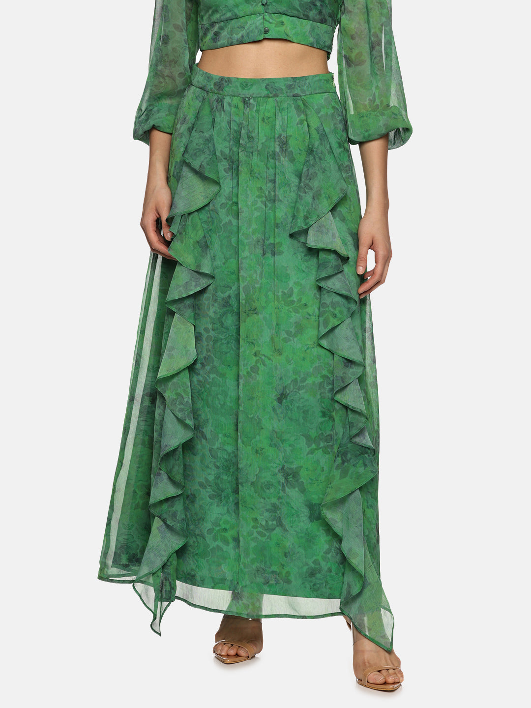 IS.U Floral Green Flare Detail Maxi Skirt