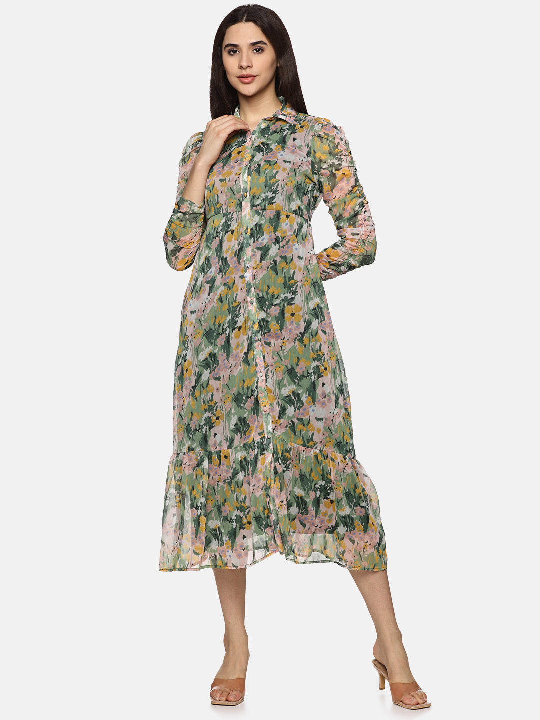 IS.U Floral Multicolor Ruched Sleeve Midaxi Dress