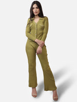 Load image into Gallery viewer, IS.U Green Olive Collared V-neck Rib Top