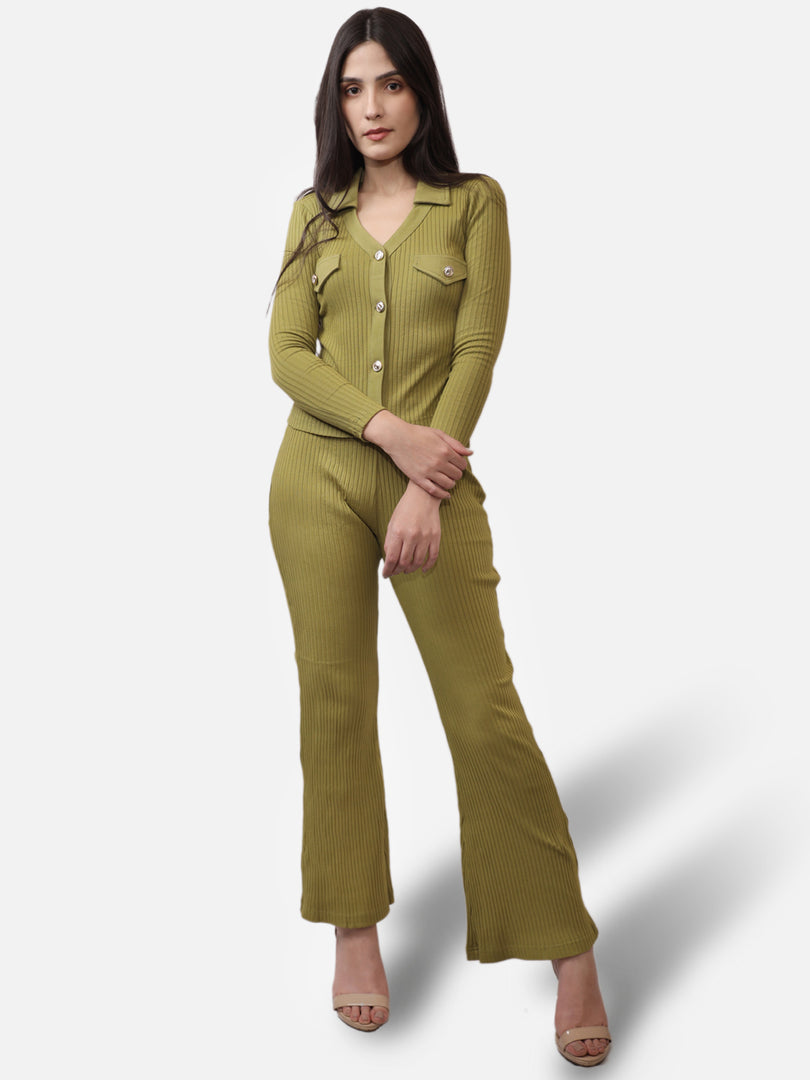 IS.U Green Olive Collared V-neck Rib Top