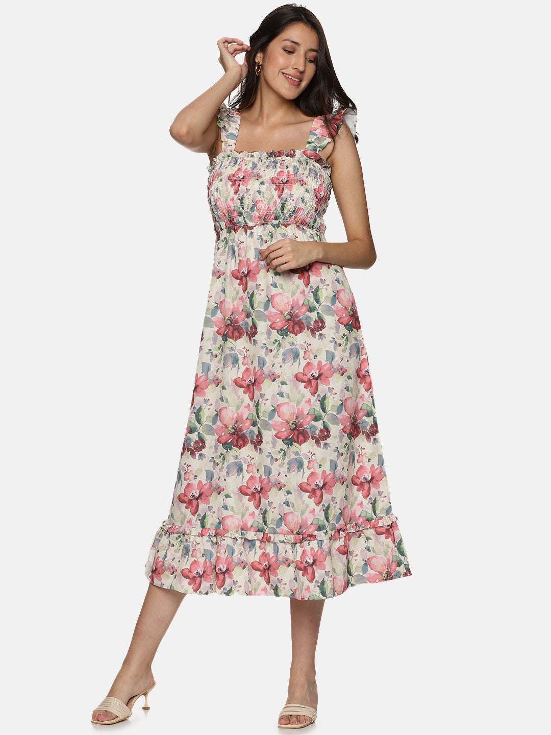 IS.U Floral Multicolor Smocking Detail Midaxi Dress