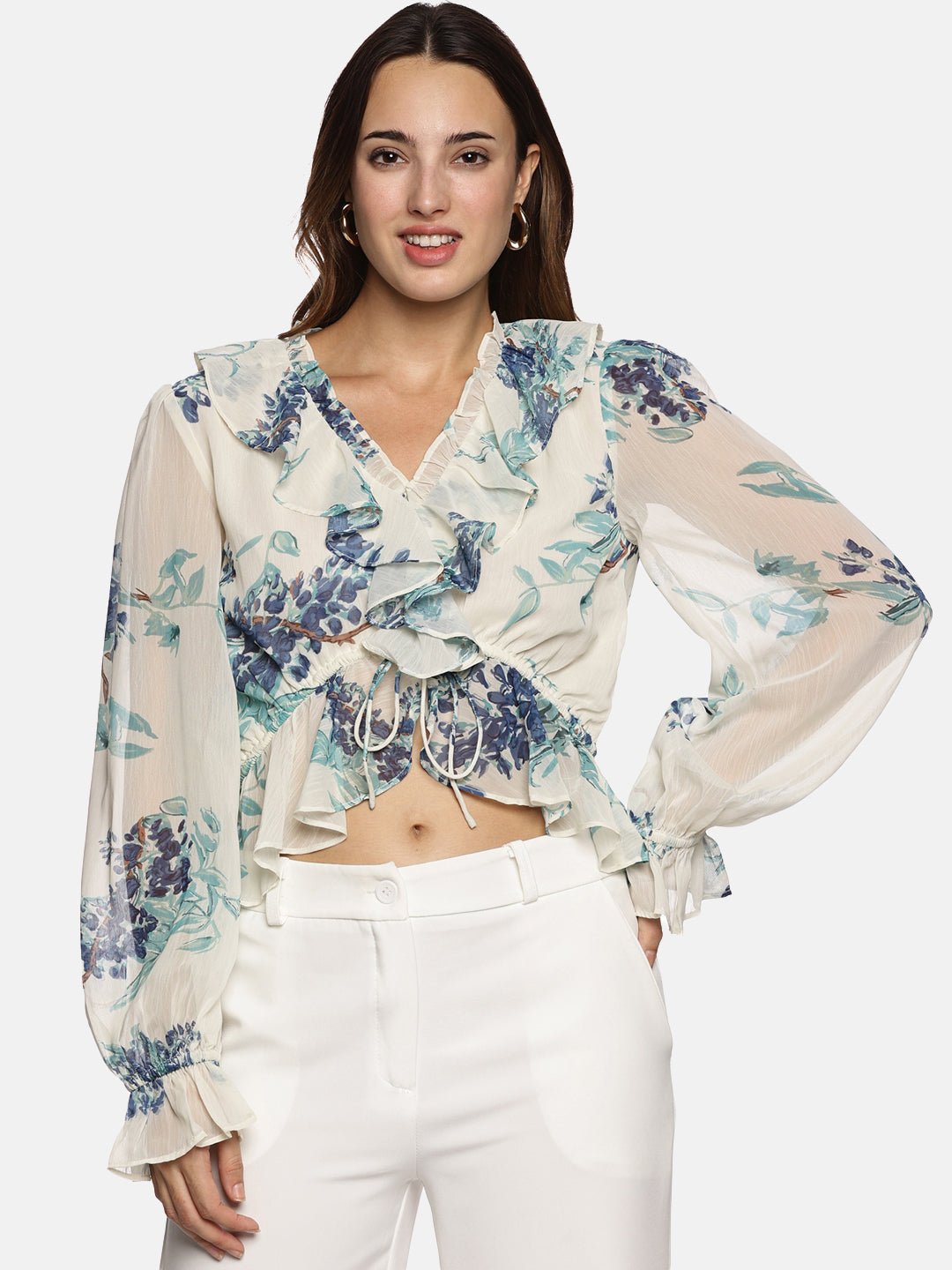 IS.U Floral White V-Neck Blouson Sleeve Top