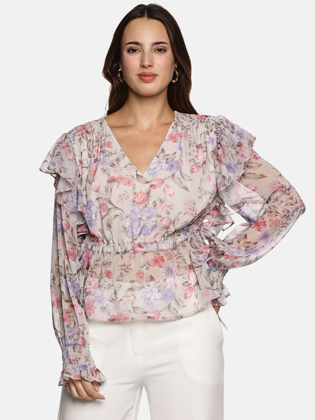 IS.U Floral Beige V-Neck Smocked Sleeve Top