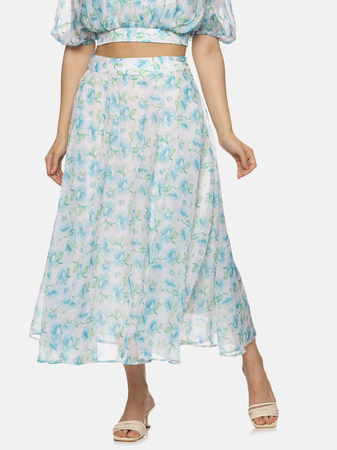 IS.U Floral White Flared Midaxi Skirt