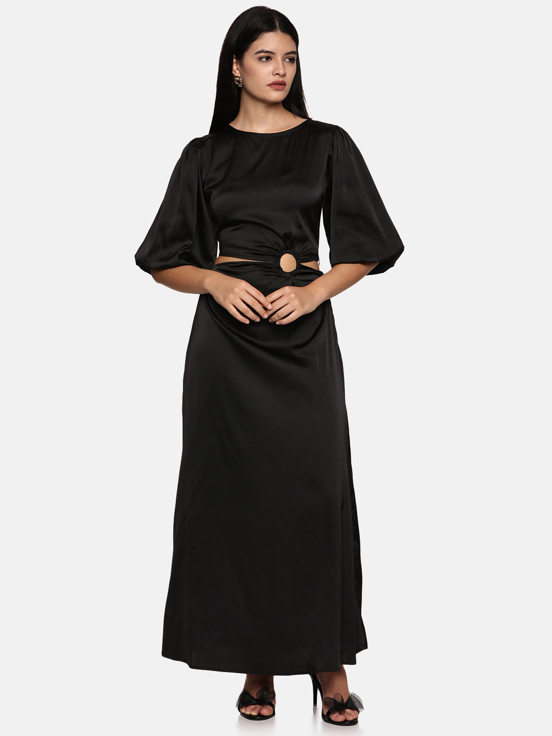 IS.U Black Puff Sleeve Cut-Out Maxi Dress